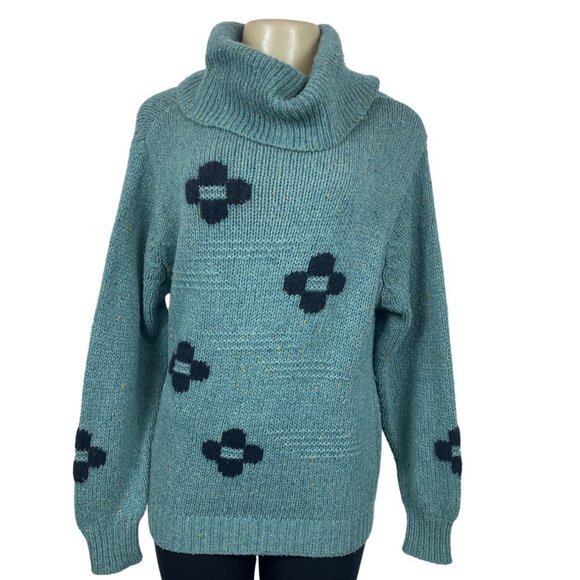 Chunky Knit Turquoise Sweater With Black Patterned Crosses & Cowl Neck Sz M/L - Picture 1 of 6